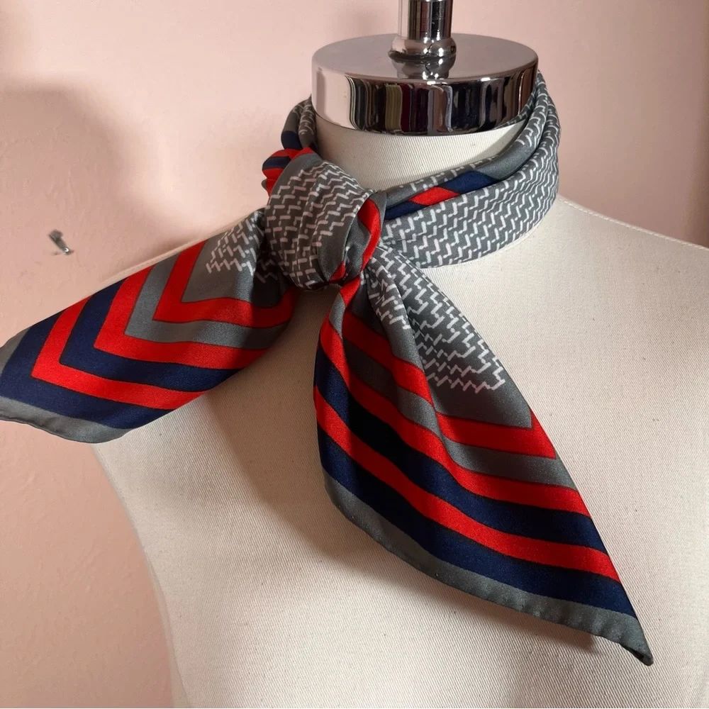 Vintage 1970 Mod Red Grey Art deco Geometric Striped Nautical  Square Scarf
